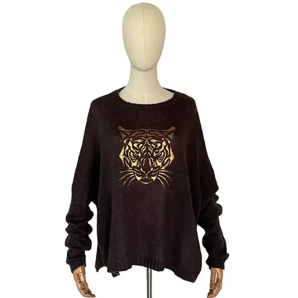 Wooden Ships Copper Tiger Face Oversized Sweater in Brown Mohair Wool Size M/L - Picture 2 of 11